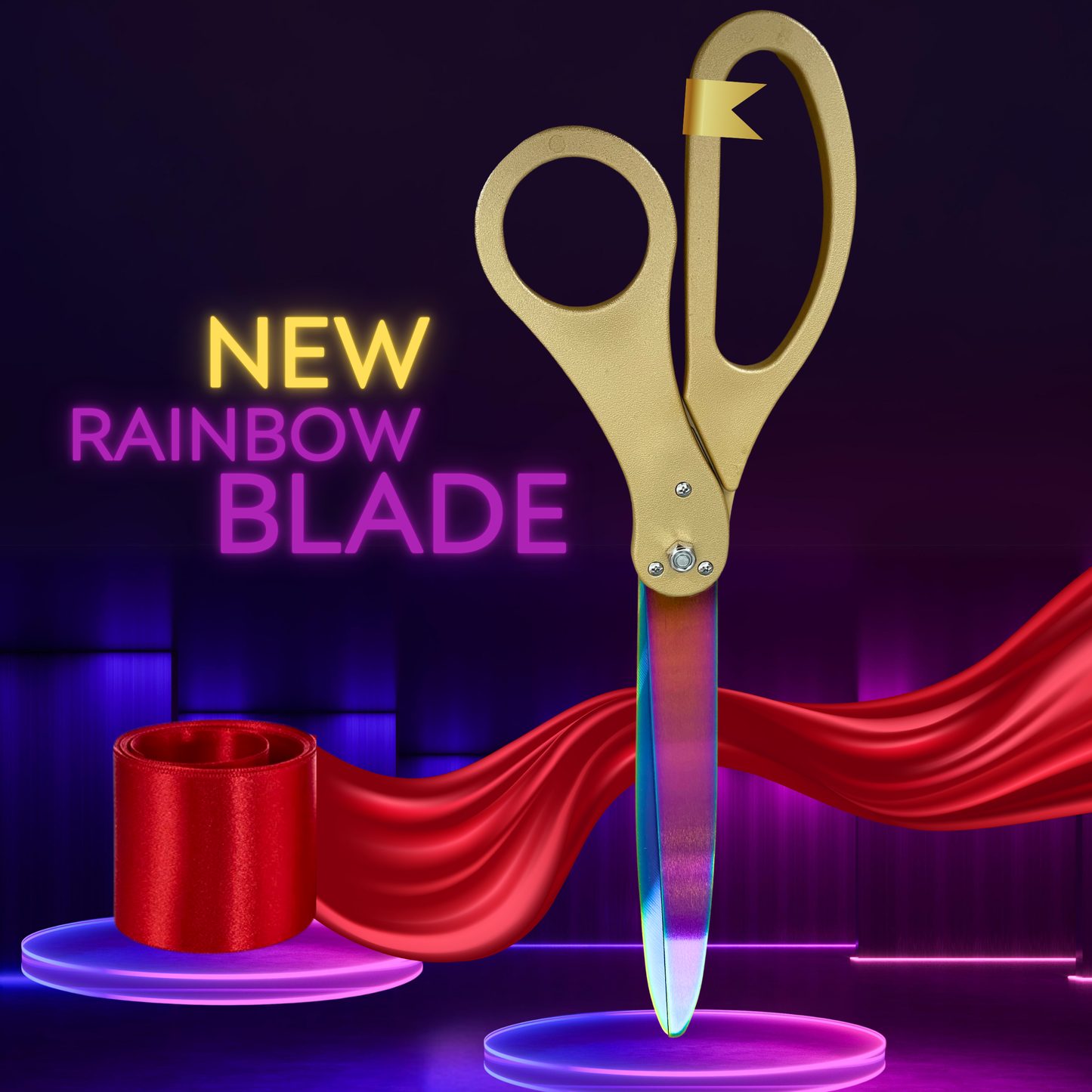 Gold-handled scissors with rainbow blades and matching red ribbon for grand openings