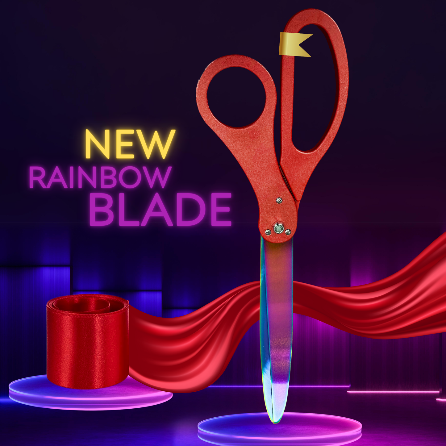 Grand opening scissors with red handles, rainbow blades, and red satin ribbon