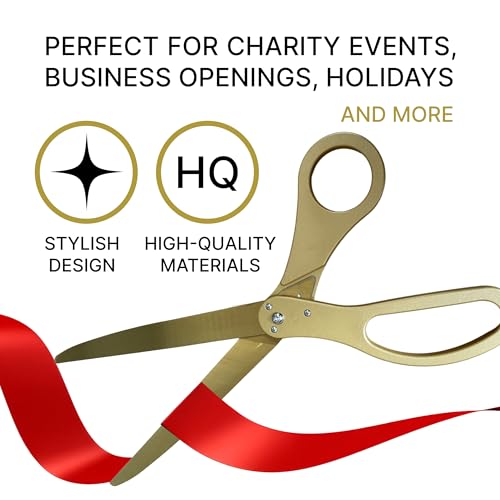 25-inch gold ceremonial scissors with gold blades and red satin ribbon