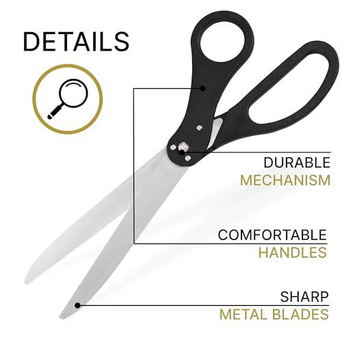 Black-handled scissors with red ribbon for ribbon cutting ceremonies
