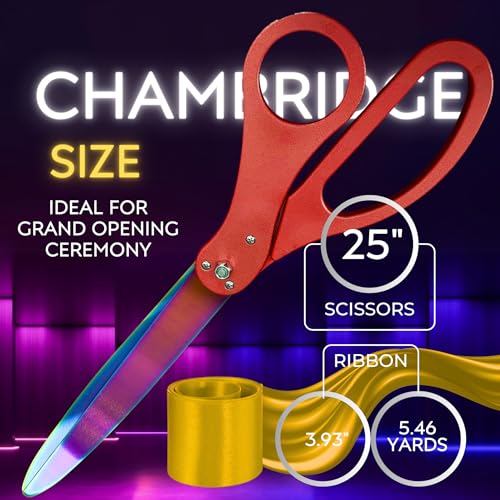 Red-handled scissors paired with colorful rainbow blades and gold satin ribbon
