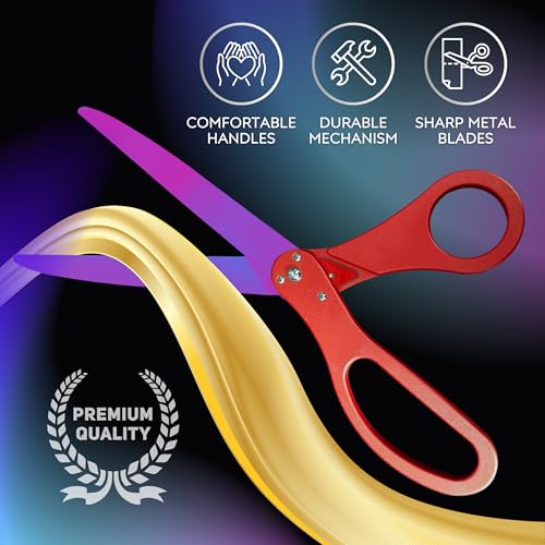 Elegant red ceremonial scissors with rainbow blades and gold ribbon for special events