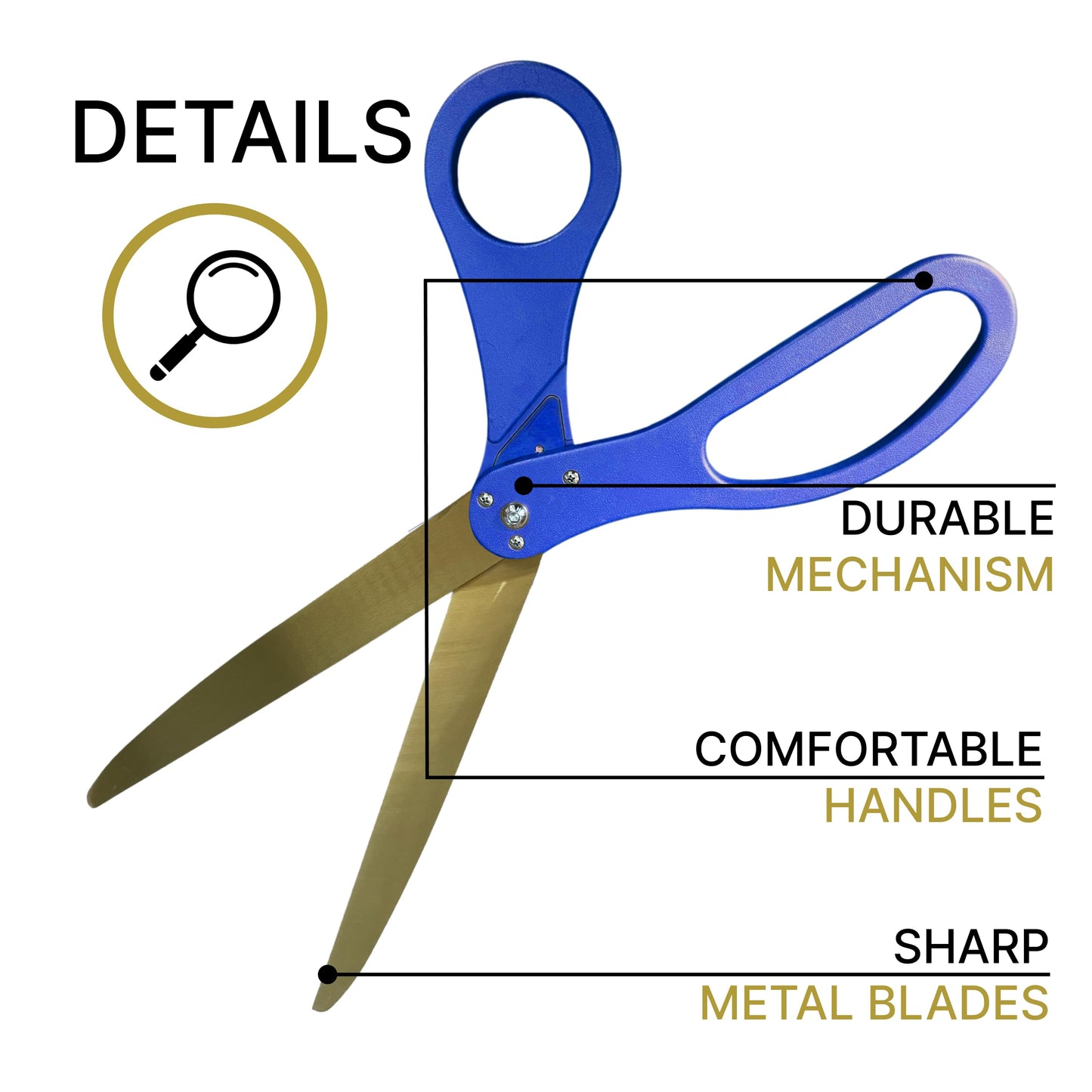 Elegant blue ceremonial scissors with gold blades and blue satin ribbon