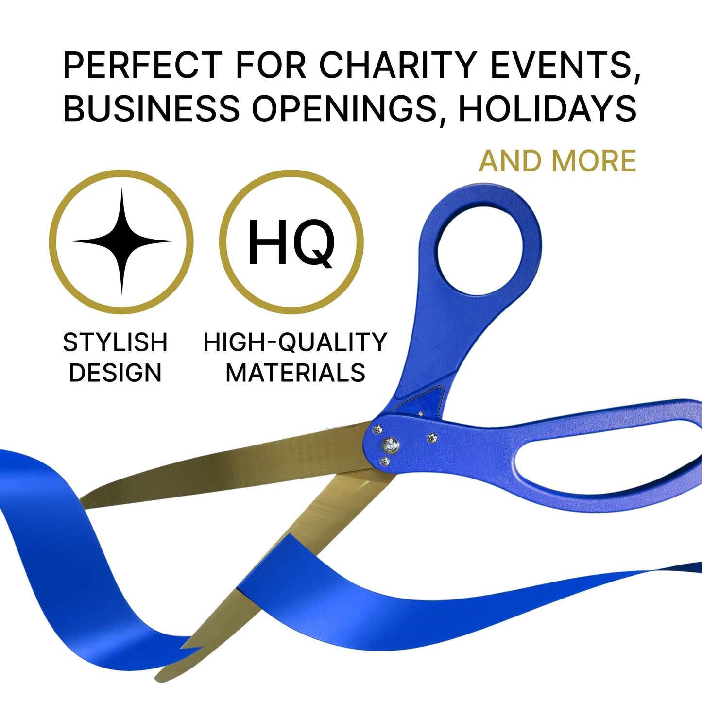 Grand opening scissors with blue handles, gold blades, and blue ribbon