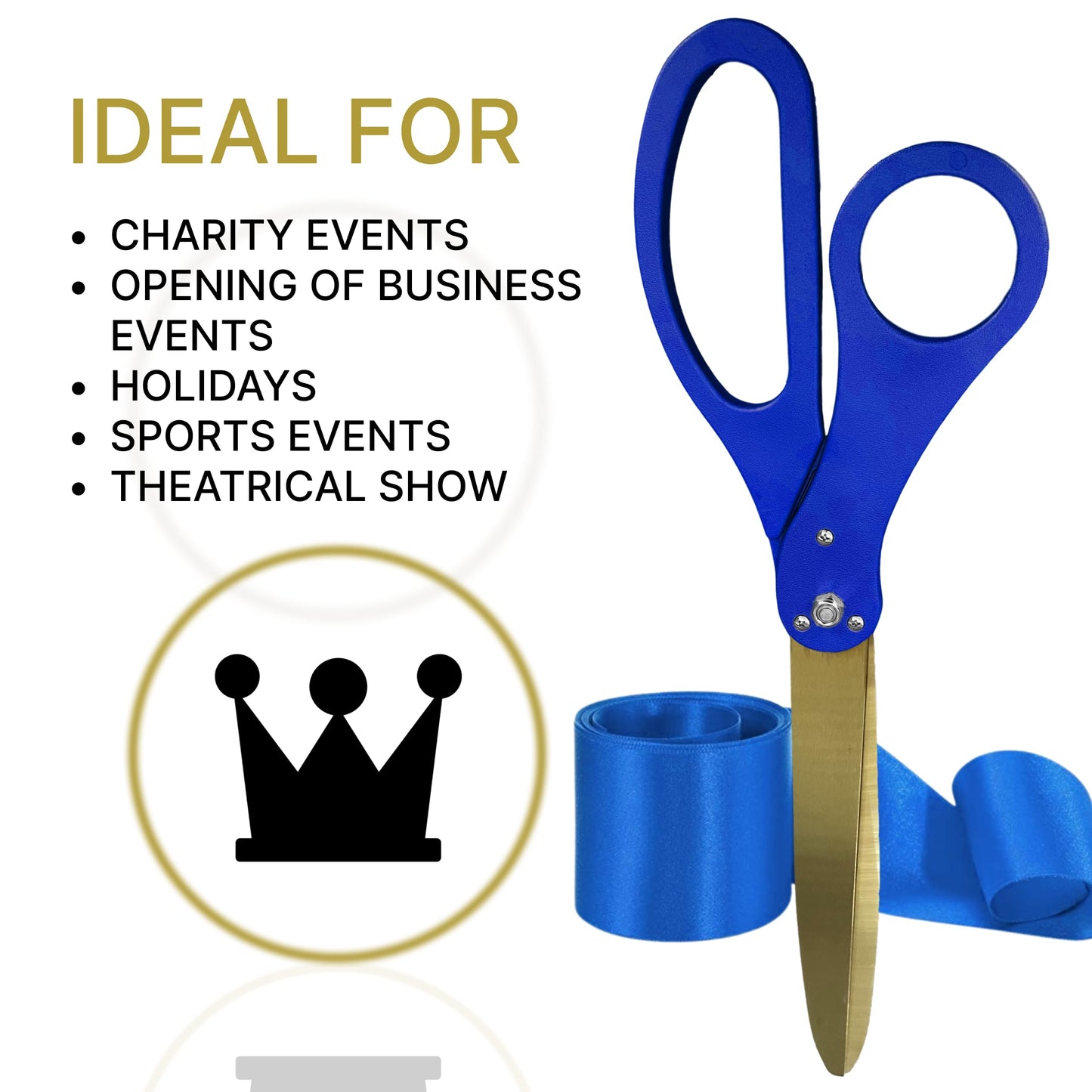 Stylish 25-inch blue scissors with gold blades and blue satin ribbon for ribbon cutting