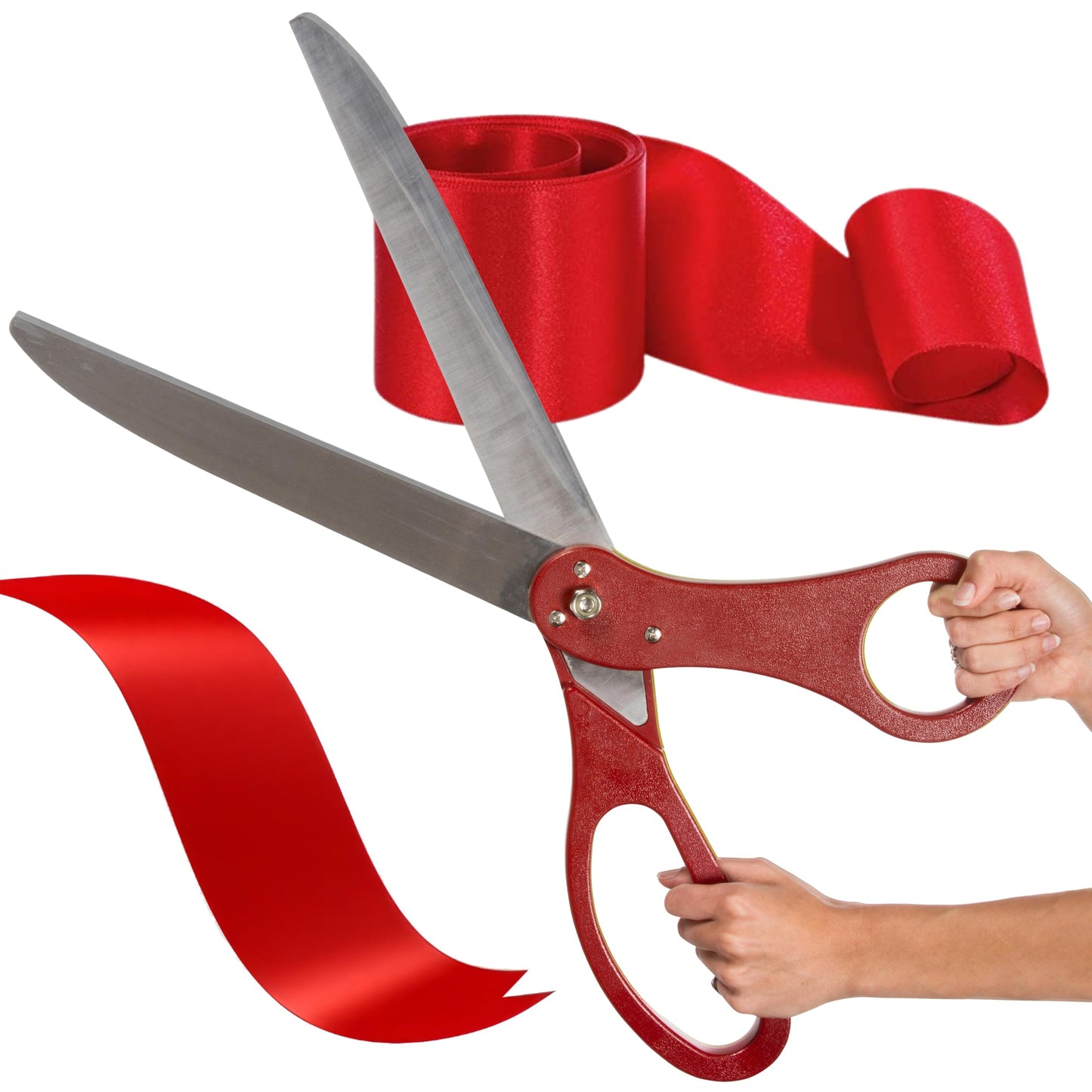 Red-handled scissors paired with matching red ribbon for grand openings