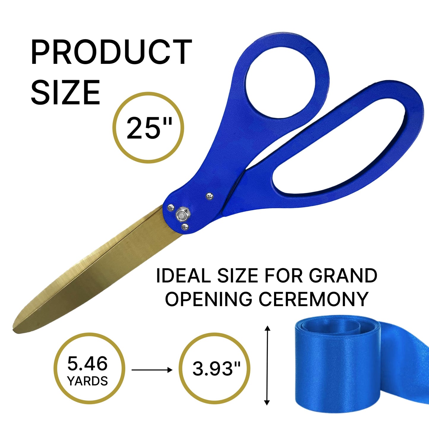 Blue-handled scissors with gold blades and matching blue ribbon for grand openings