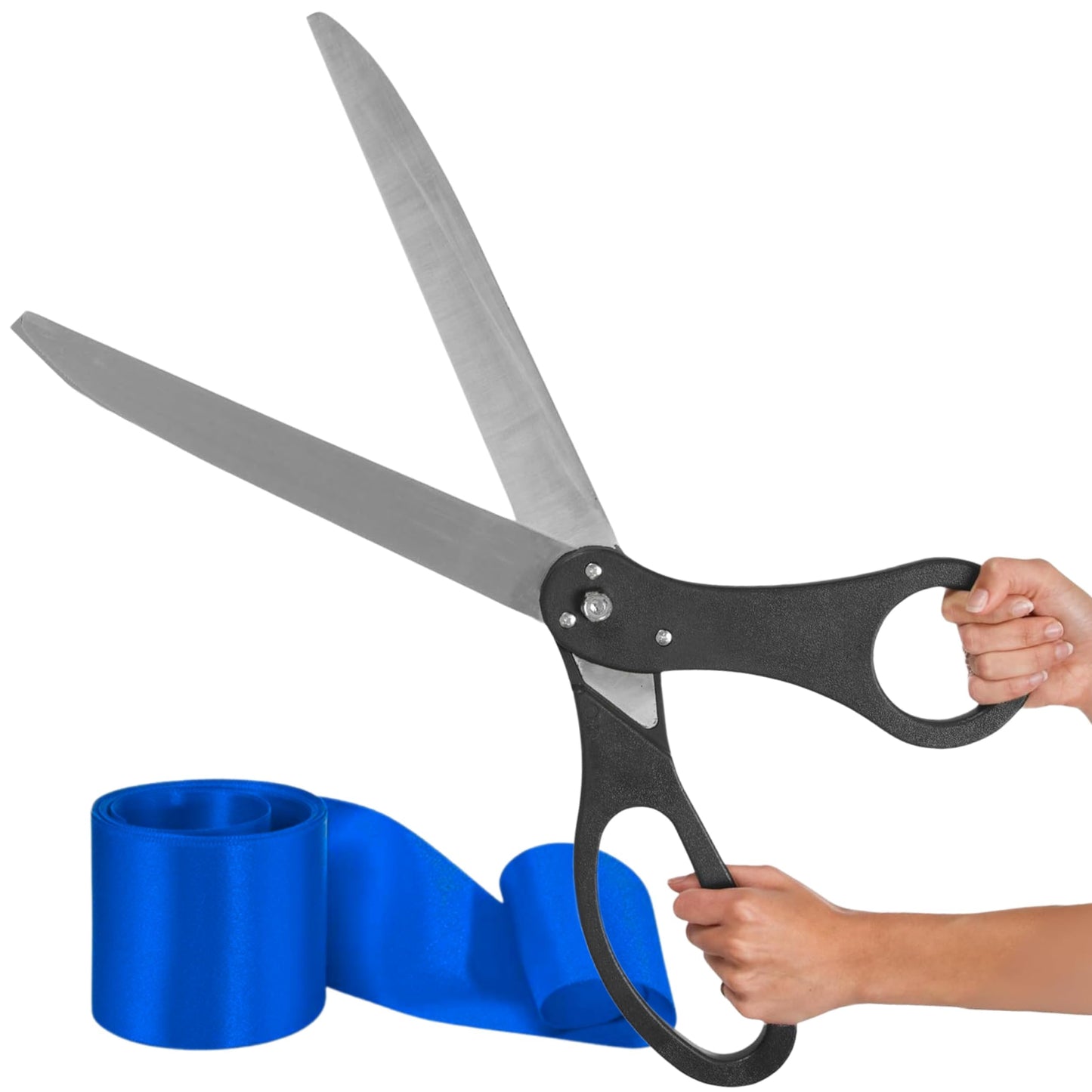 "Stylish black scissors and blue satin ribbon for grand opening events