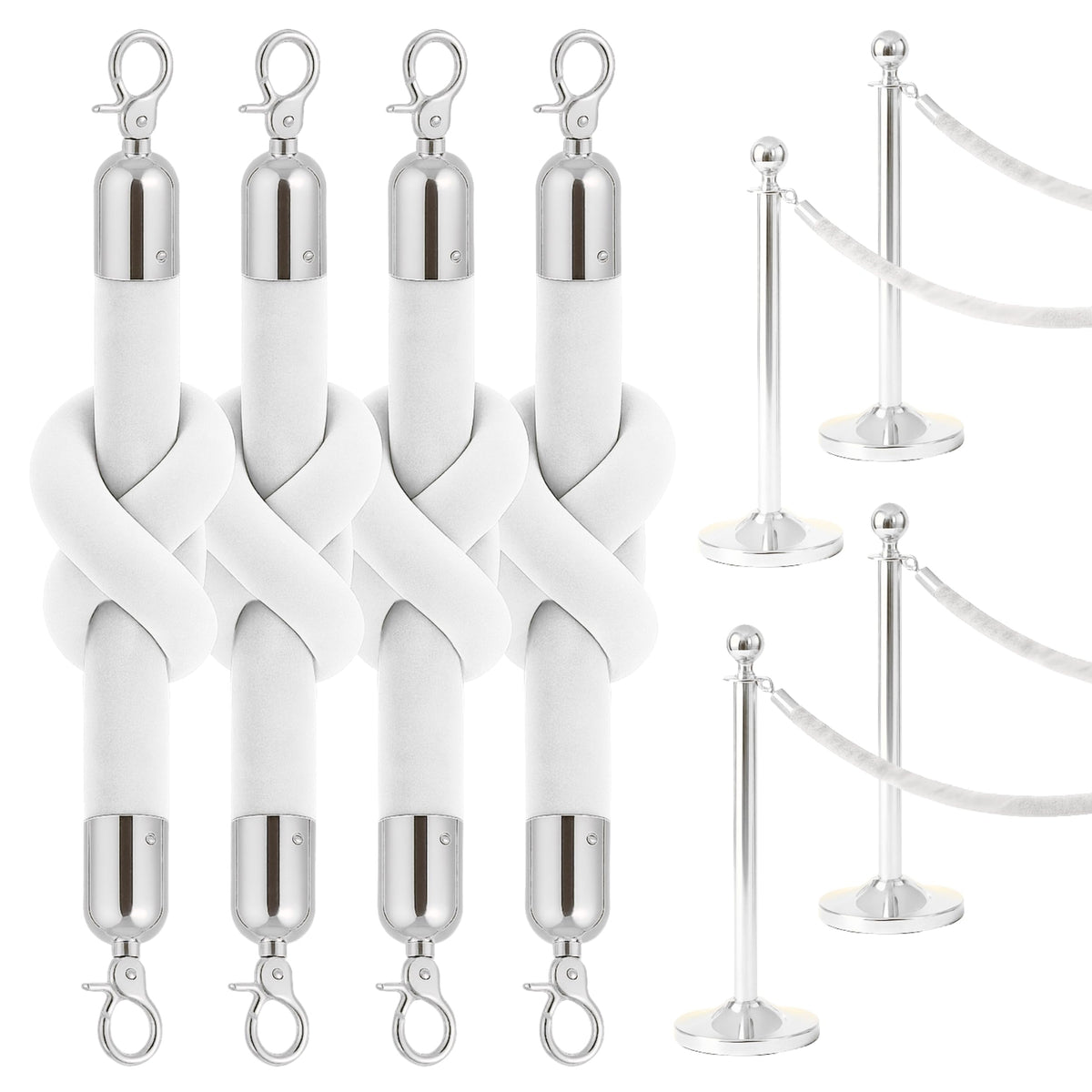 4-Piece White Velvet Rope Set, Silver Hooks