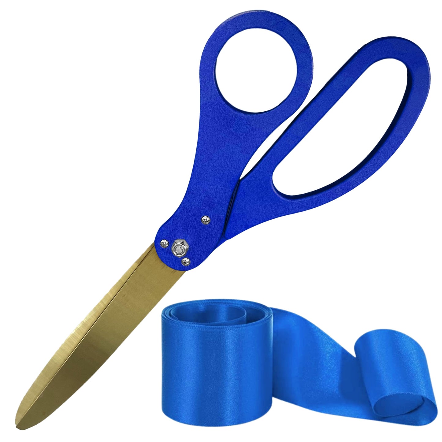 25-inch blue ceremonial scissors with gold blades and blue satin ribbon