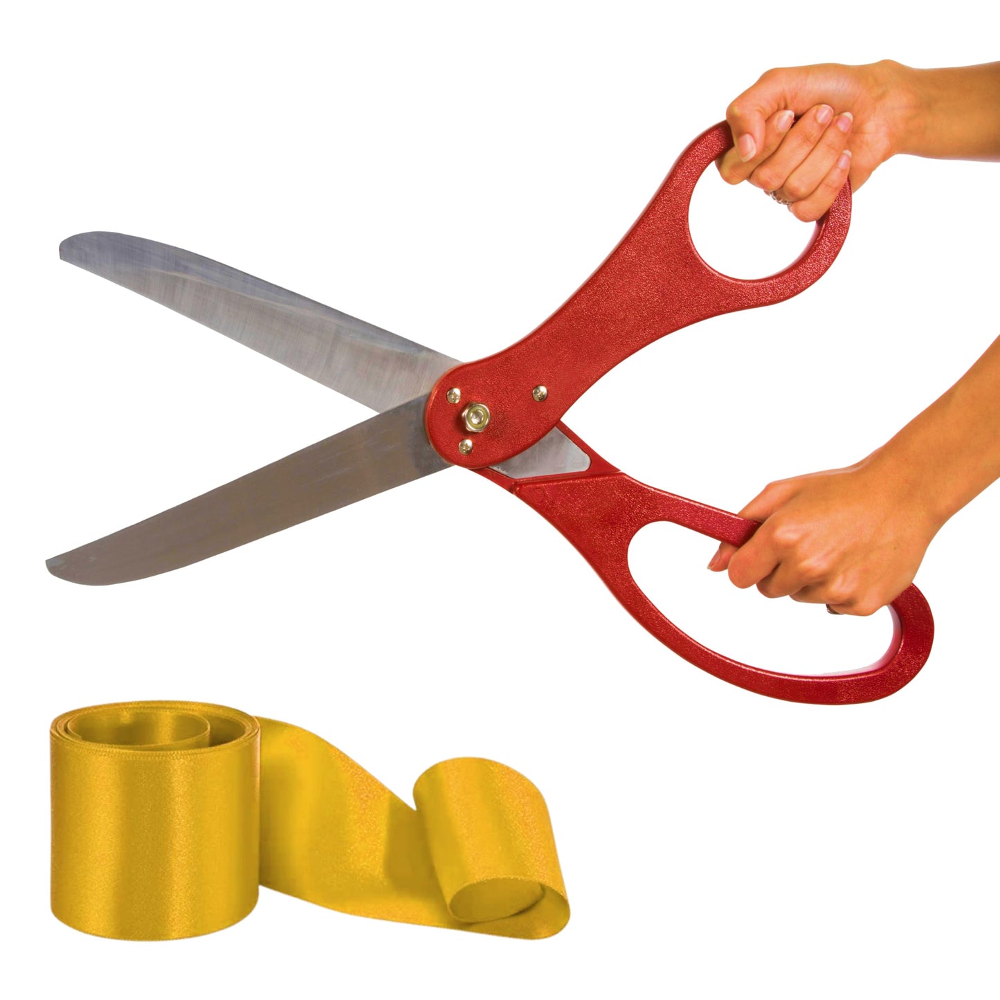 Red ceremonial scissors with gold satin ribbon for official ceremonies