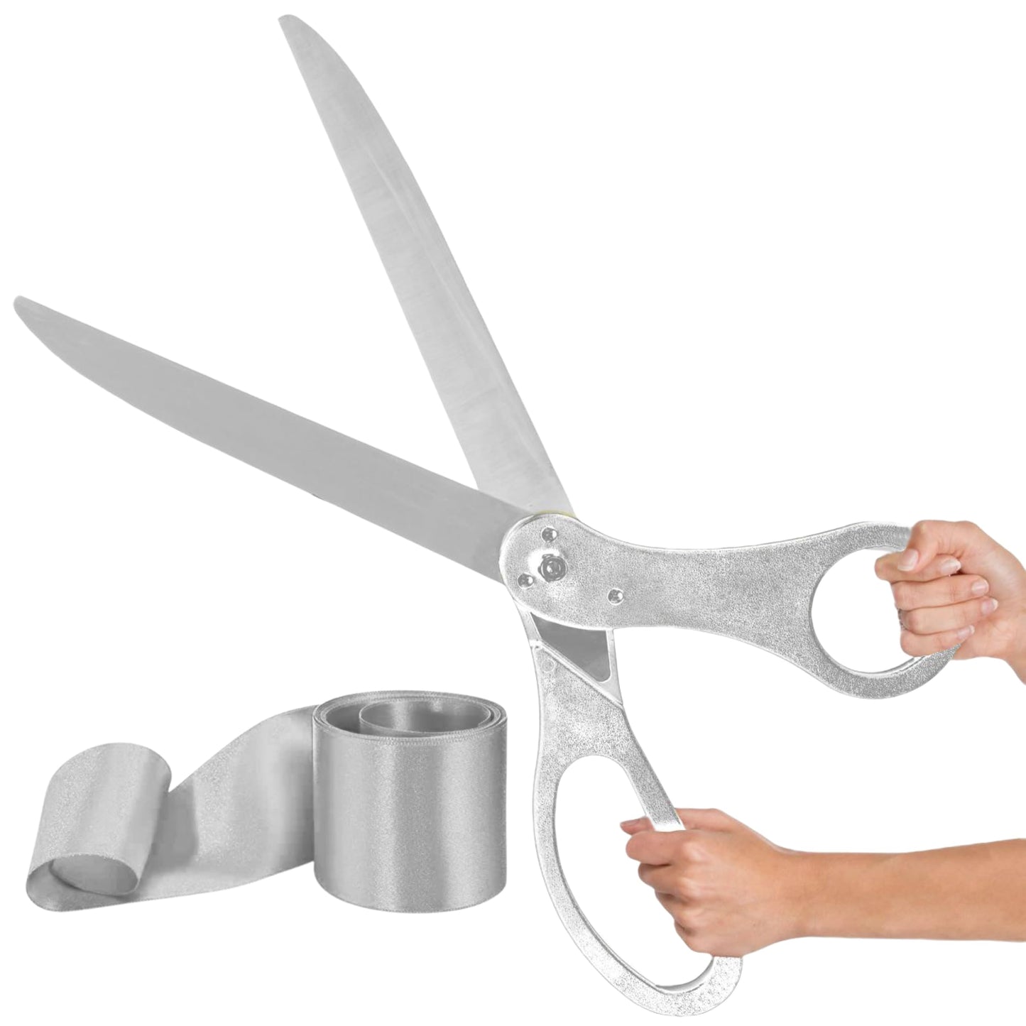 Grand opening scissors with silver handles and silver satin ribbon