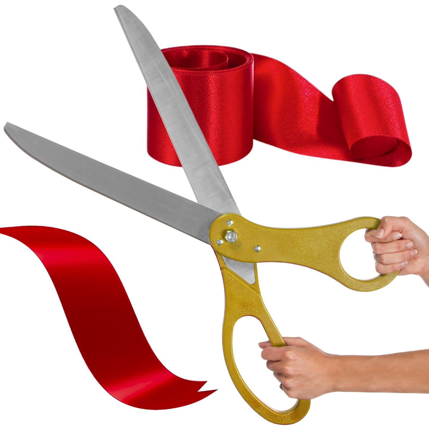 25-inch gold ceremonial scissors with red satin ribbon for grand openings