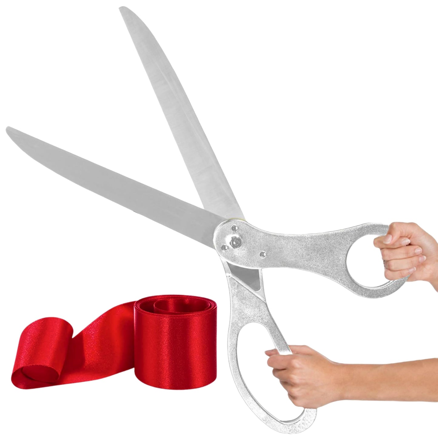 Elegant silver ceremonial scissors with red satin ribbon for grand openings