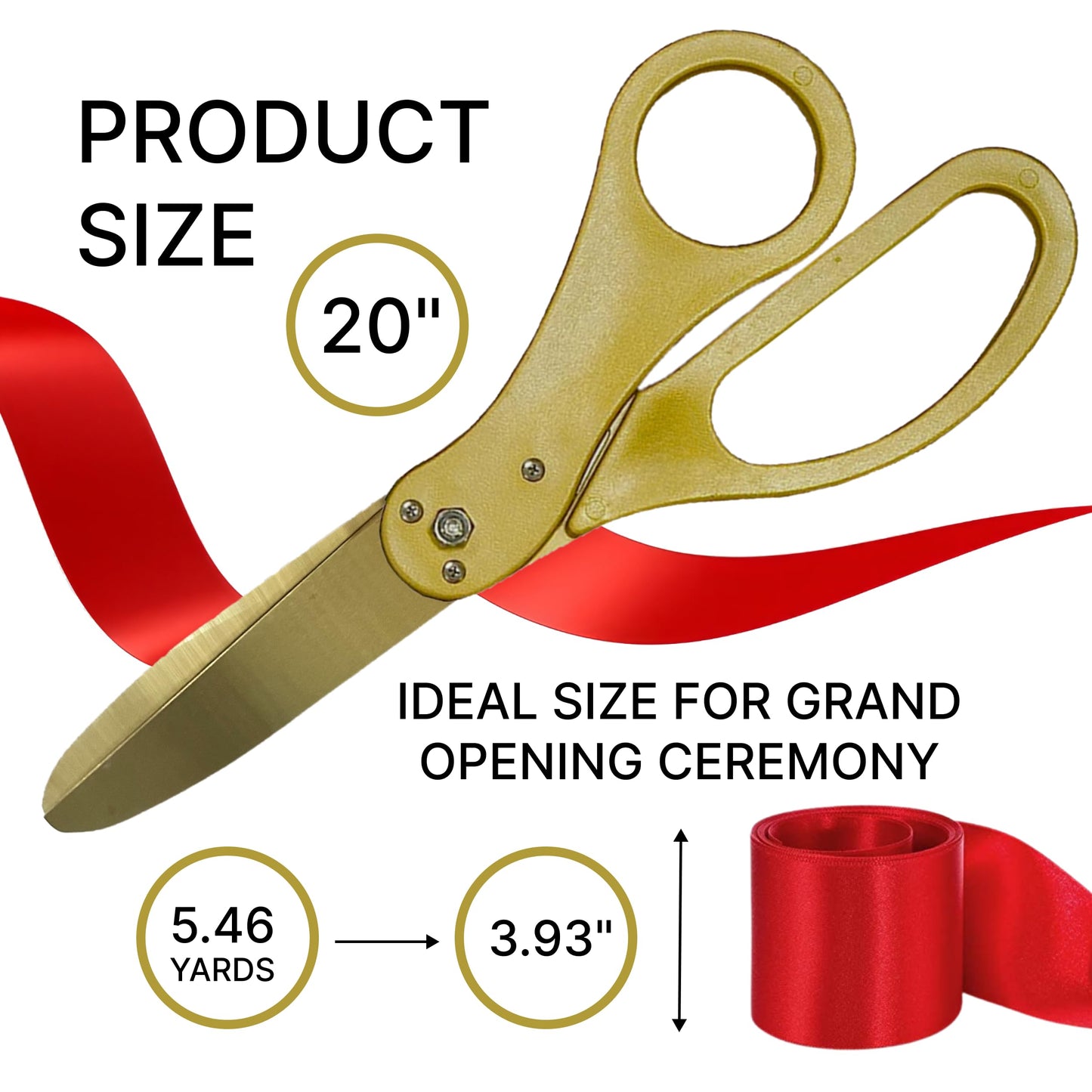 Gold scissors with gold blades and red ribbon for grand opening ceremonies