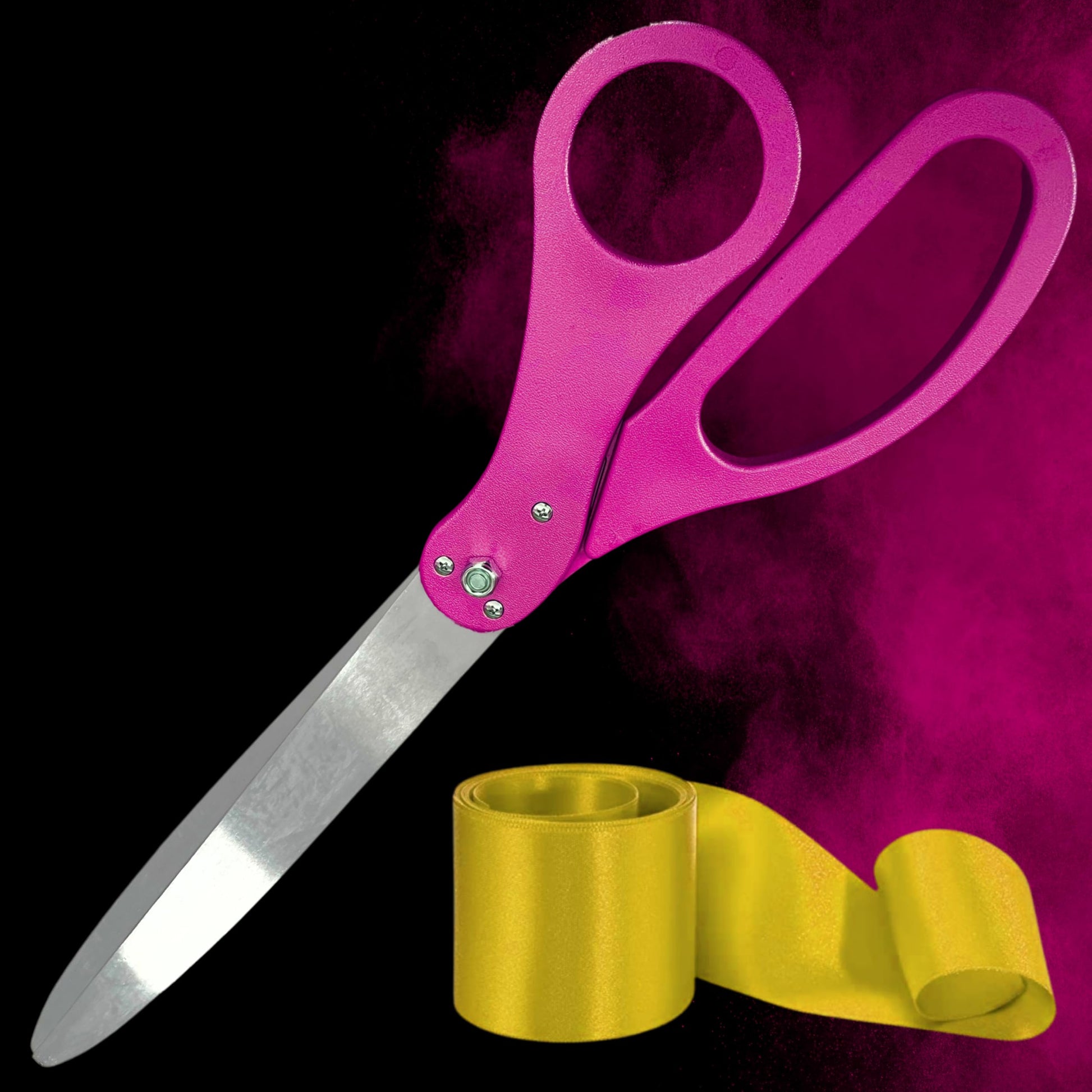 Grand opening scissors with pink handles and gold satin ribbon
