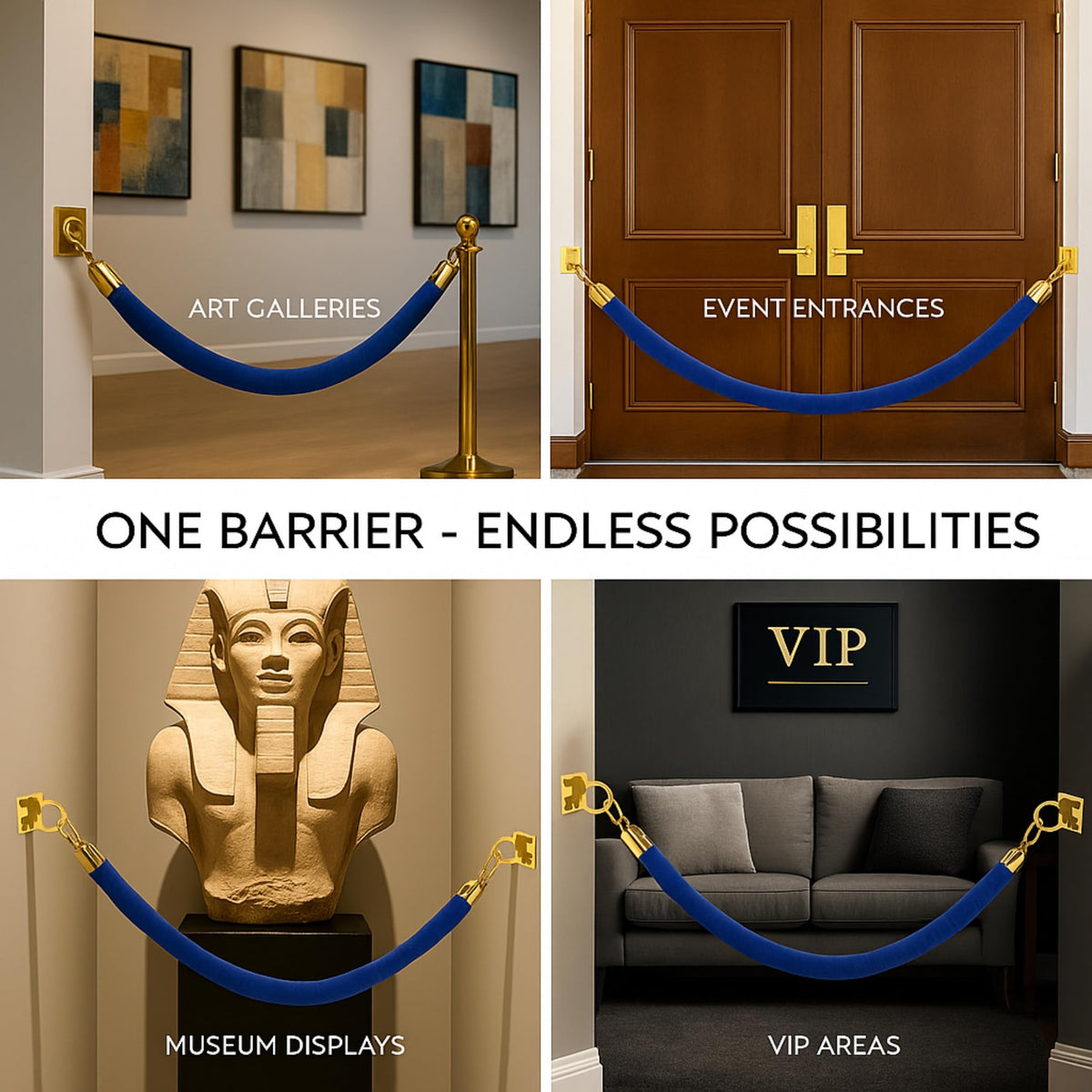 Wall-Mount Blue Velvet Rope — 5 ft with Gold Wall Plates