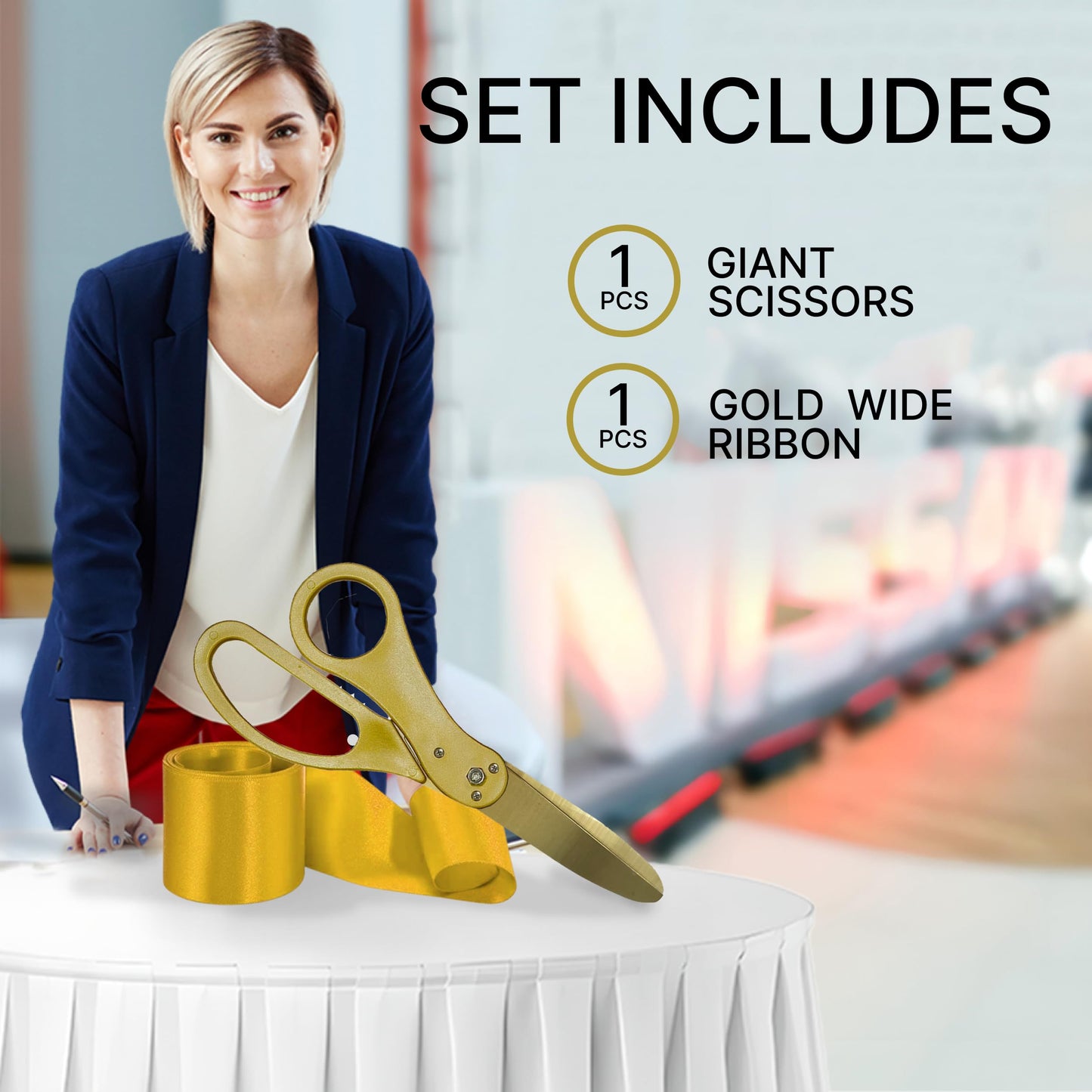 Grand opening kit featuring gold scissors and satin ribbon