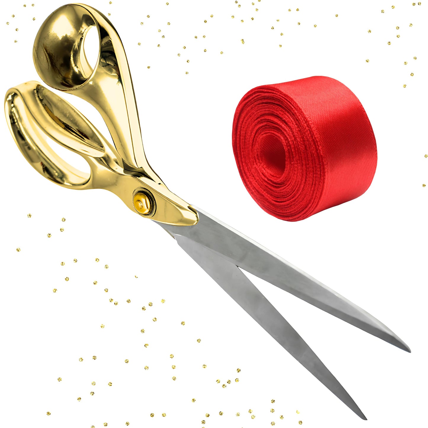 Gold ceremonial scissors with red satin ribbon for grand opening