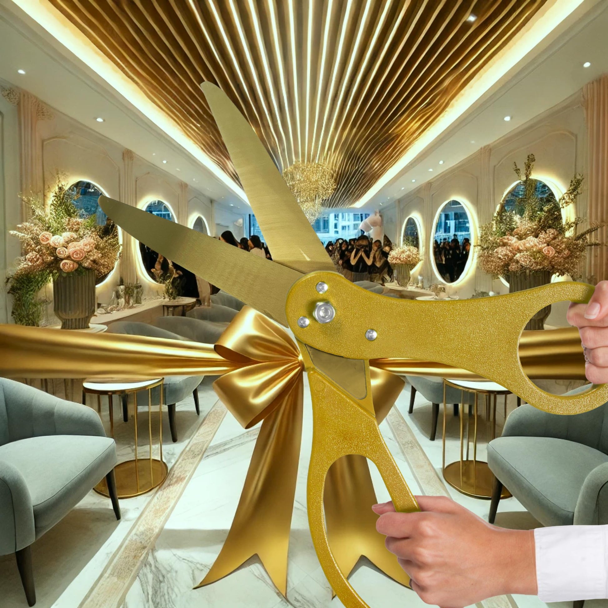 Grand opening scissors featuring gold blades and gold handles