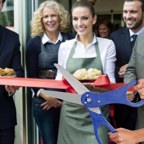 Blue oversized scissors cutting a red ribbon at a bakery grand opening