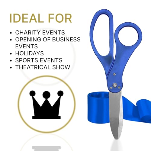 Large blue ceremonial scissors cutting a blue ribbon at a school building opening