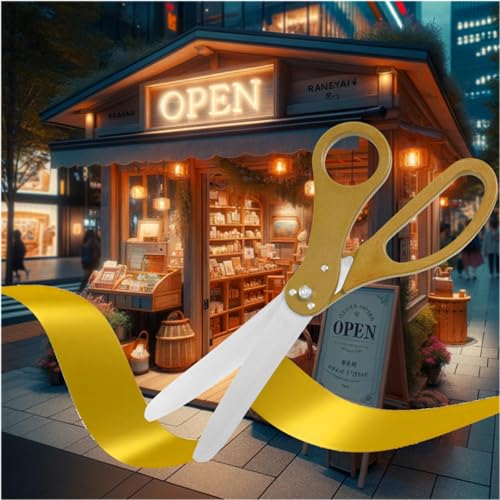 Gold scissors cutting a yellow ribbon at a small shop grand opening