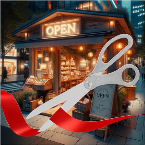Silver ceremonial scissors cutting a red ribbon outside a storefront at a grand opening