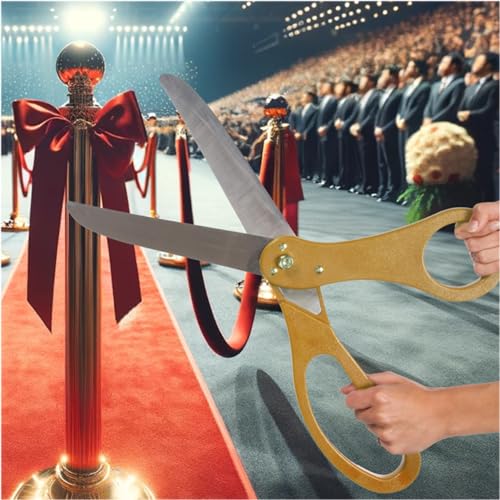Gold scissors cutting red ribbon at grand opening ceremony with crowd