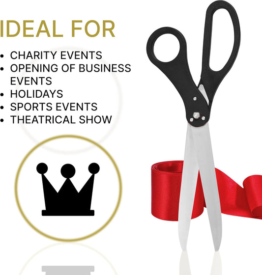 Large black ceremonial scissors cutting a red satin ribbon at a Small Business Saturday grand opening