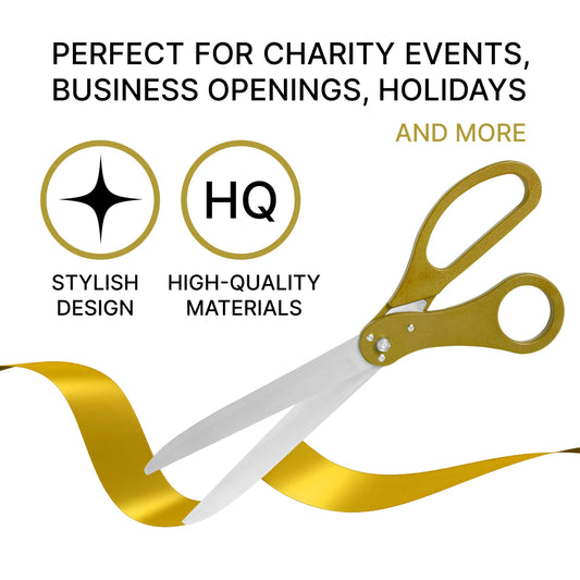 25-inch gold ceremonial scissors with gold satin ribbon for a ribbon cutting ceremony