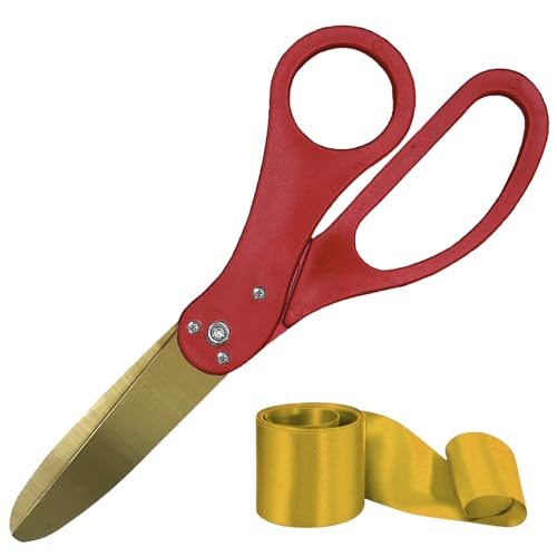 20-inch red ceremonial scissors with gold blades and gold satin ribbon