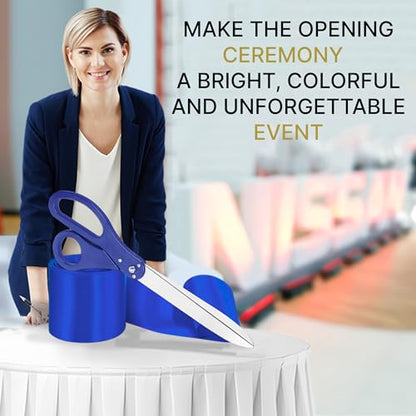 Large blue-handled scissors designed for ribbon cutting events