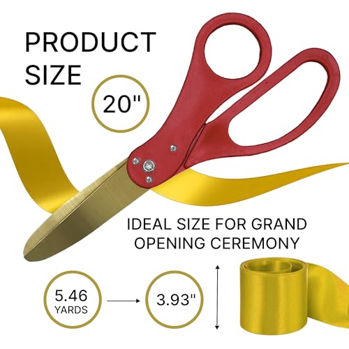 Grand opening scissors with red handles, gold blades, and gold ribbon