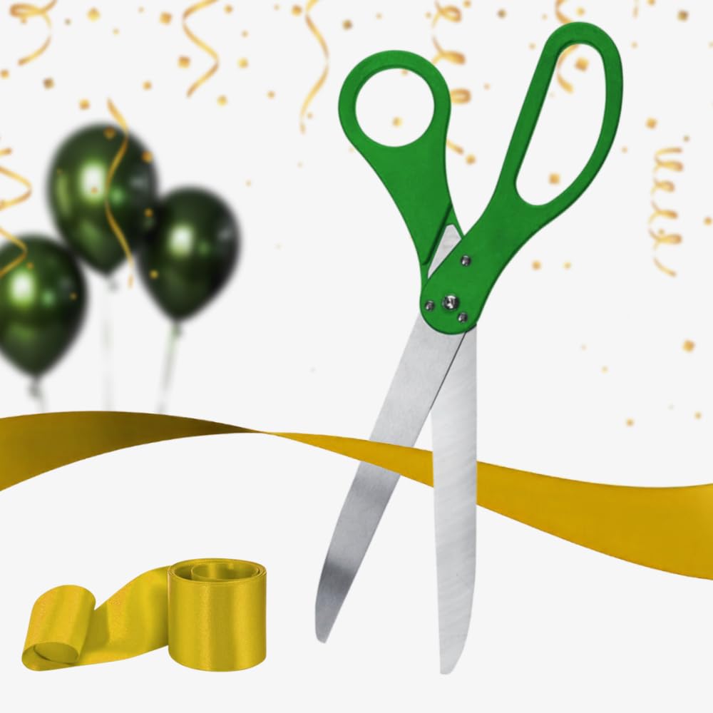 25-inch green ceremonial scissors with gold satin ribbon for grand openings