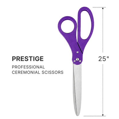 25-inch purple ceremonial scissors shown upright with dimension callout confirming 25-inch length