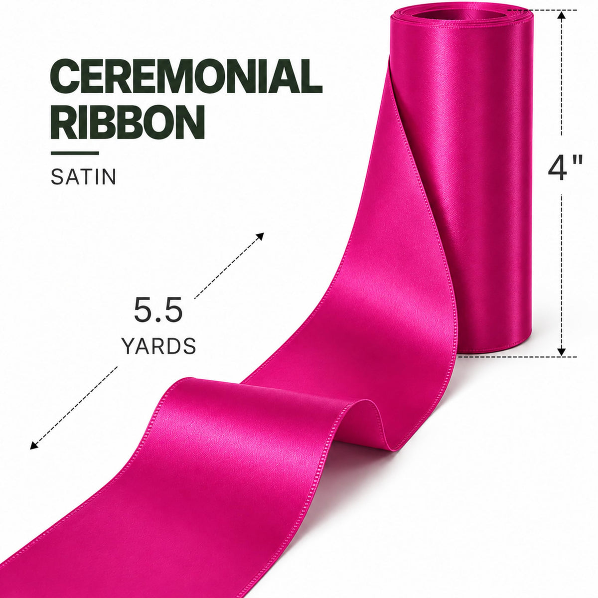 Scissors 25'' + Pink Ribbon — roll of hot pink satin ceremonial ribbon with 4-inch width and 5.5-yard length dimensions