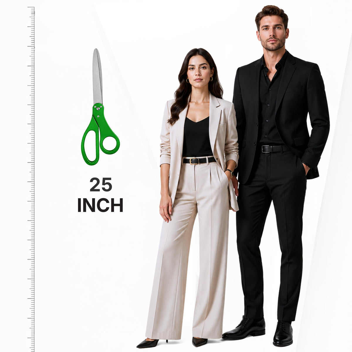 Scale comparison of 25-inch green ceremonial scissors next to a man and woman in business attire on white background