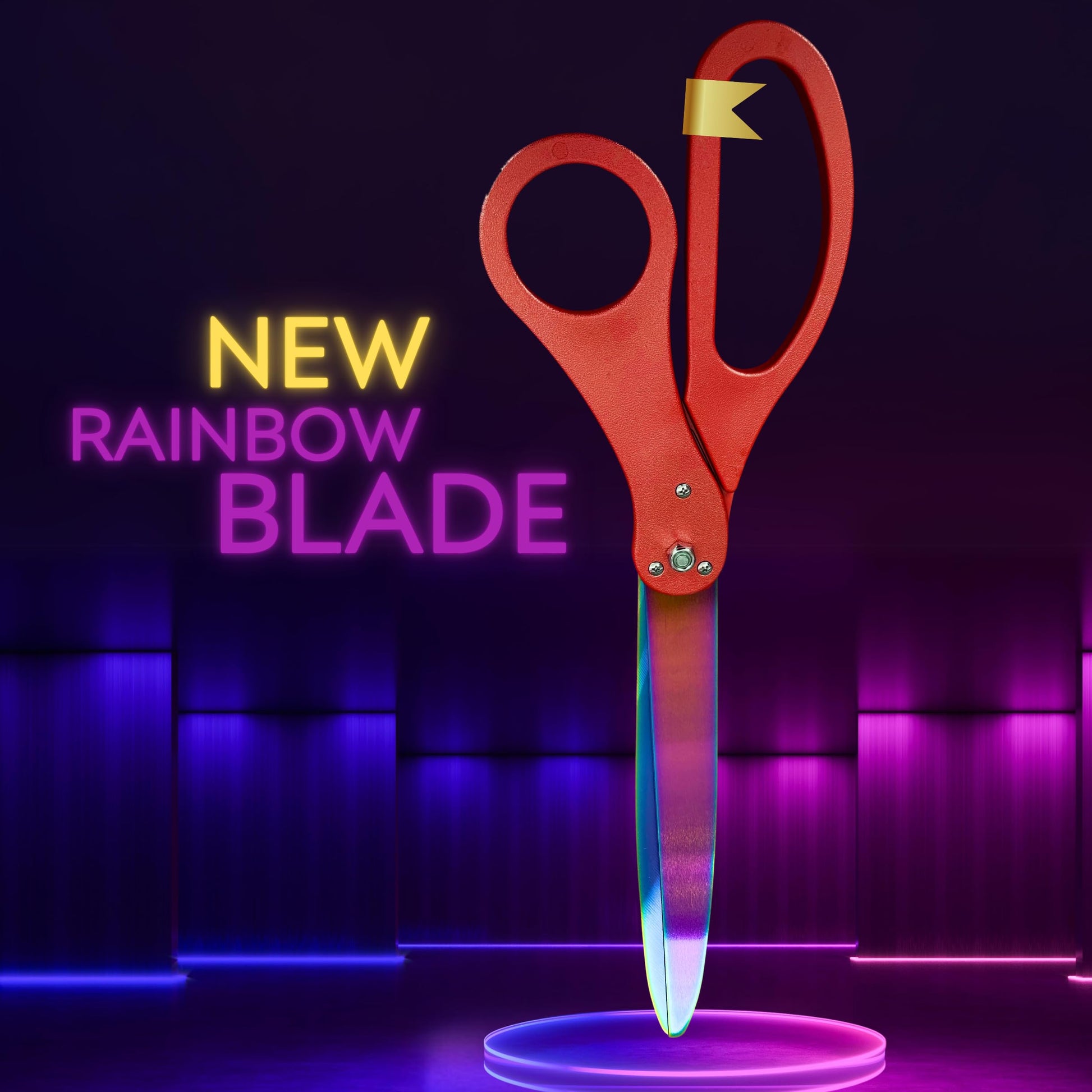 Red-handled scissors with colorful rainbow blades for ribbon cutting