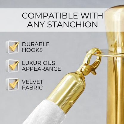 White velvet rope with gold hooks connecting to brass stanchion post