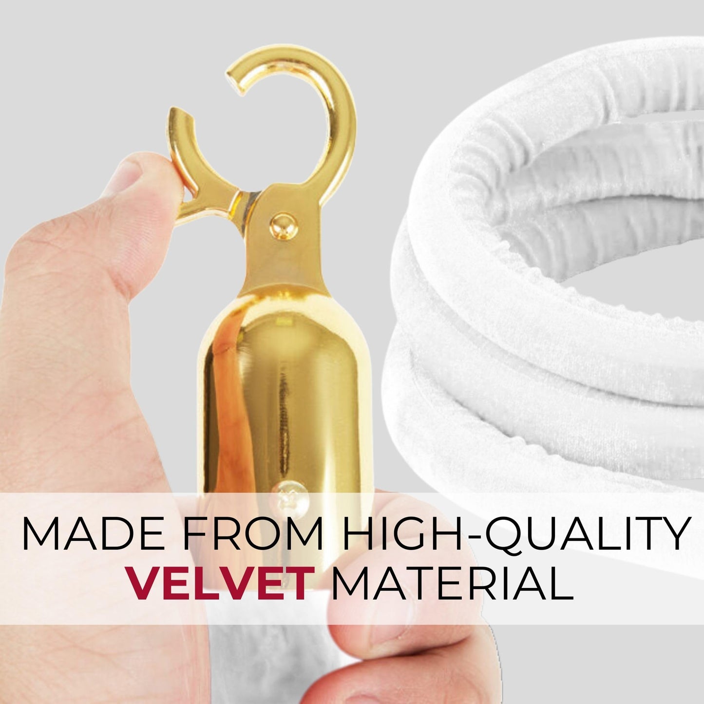 White velvet rope with gold snap hook for crowd control barriers