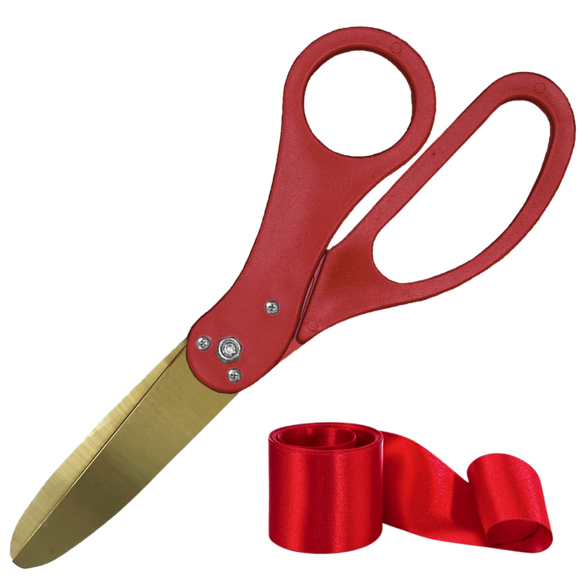 20-inch red ceremonial scissors with gold blades and red satin ribbon