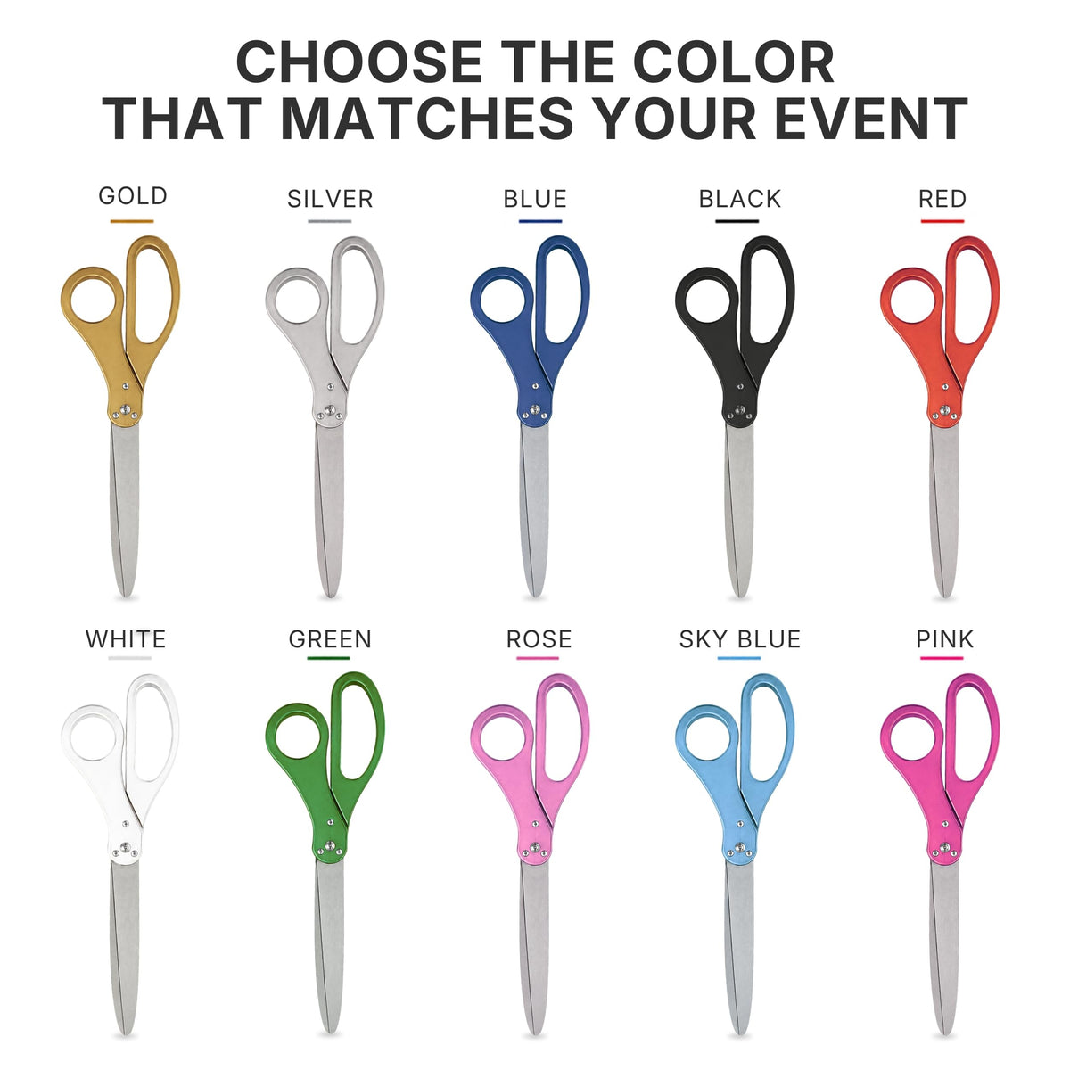 Scissors 25'' — color selection chart showing ten handle color options: Gold, Silver, Blue, Black, Red, White, Green, Rose