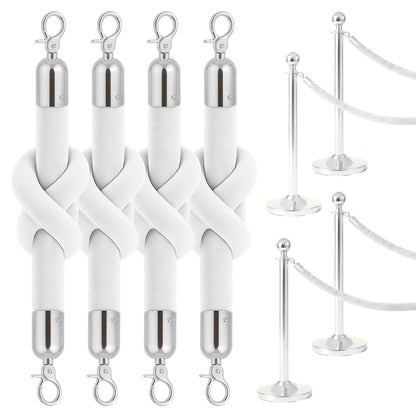 4-Piece White Velvet Rope Set, Silver Hooks