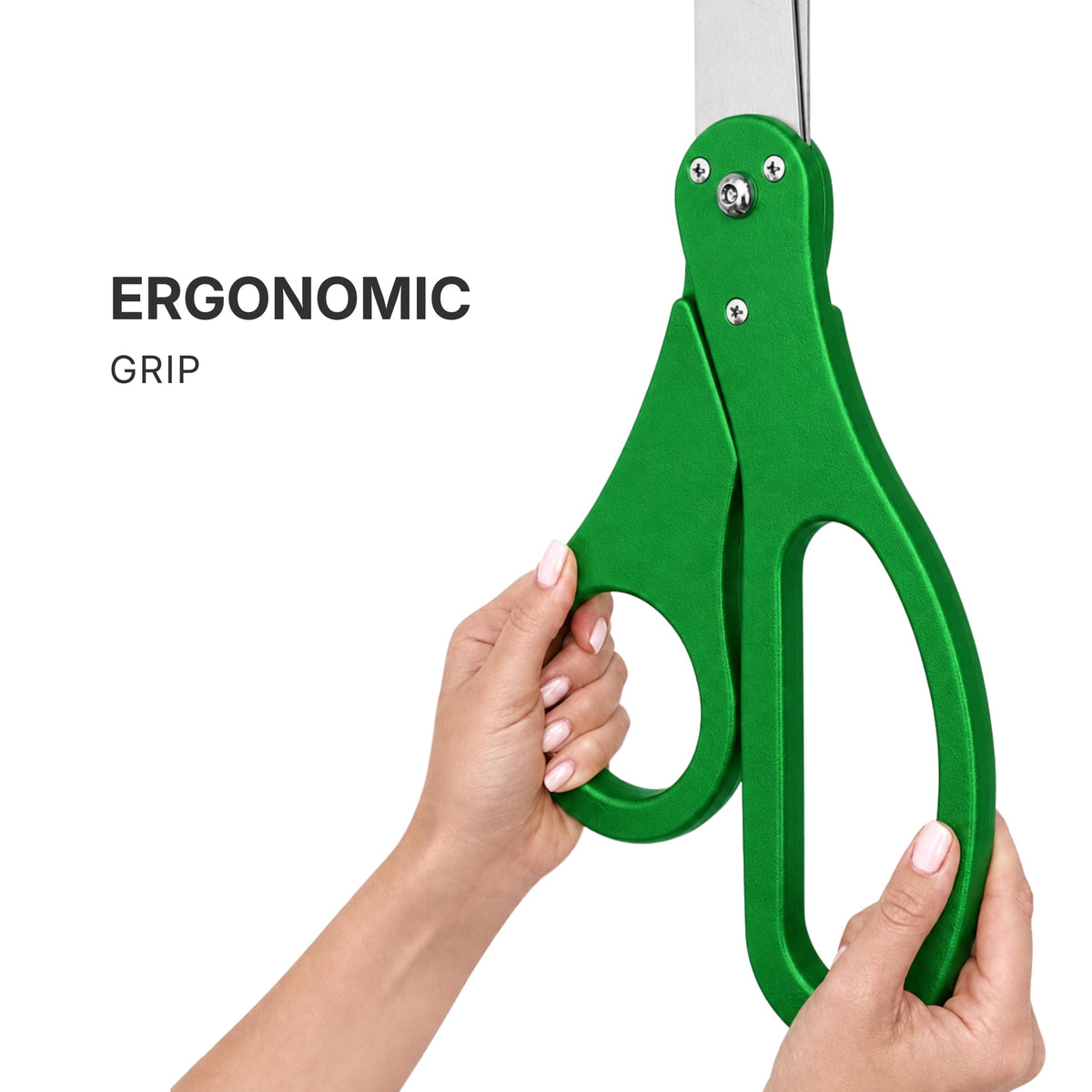 Two hands gripping the green PVC handles of 25-inch ceremonial scissors, demonstrating ergonomic hold