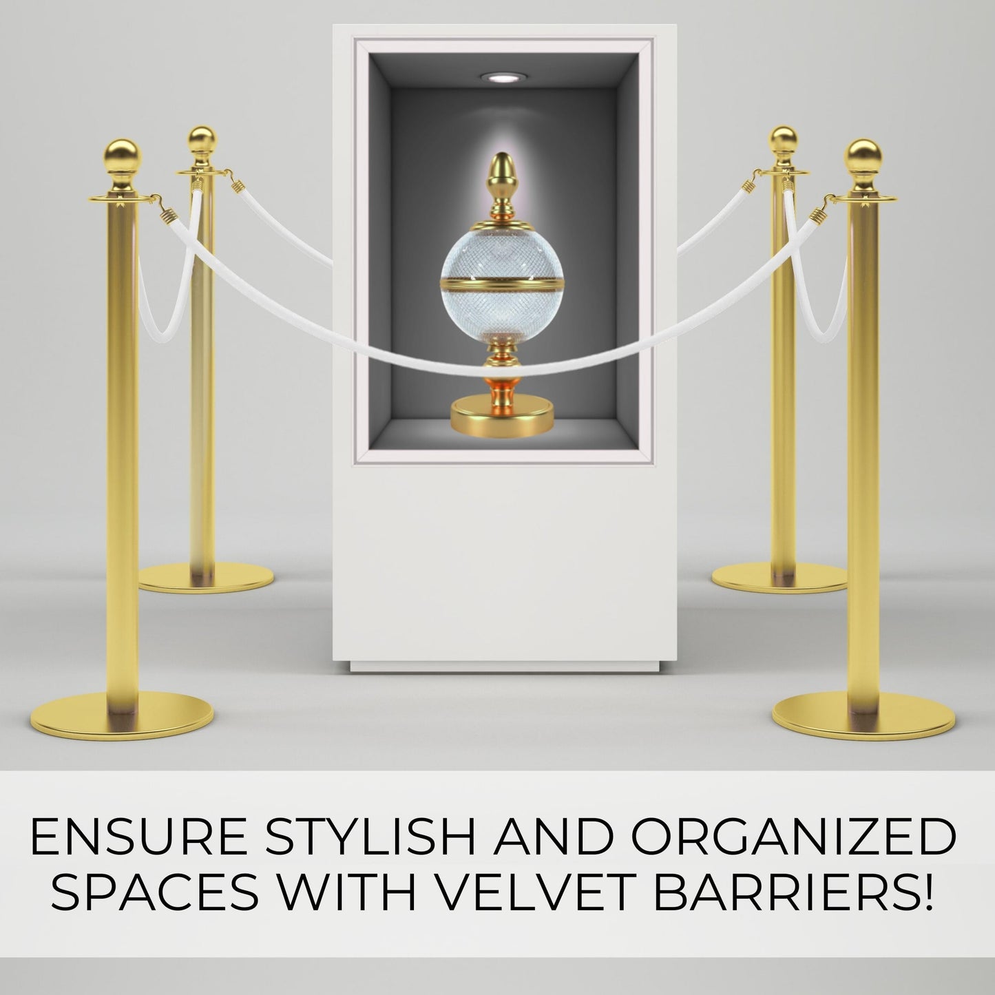 Gold stanchions with white velvet ropes guarding a museum display case