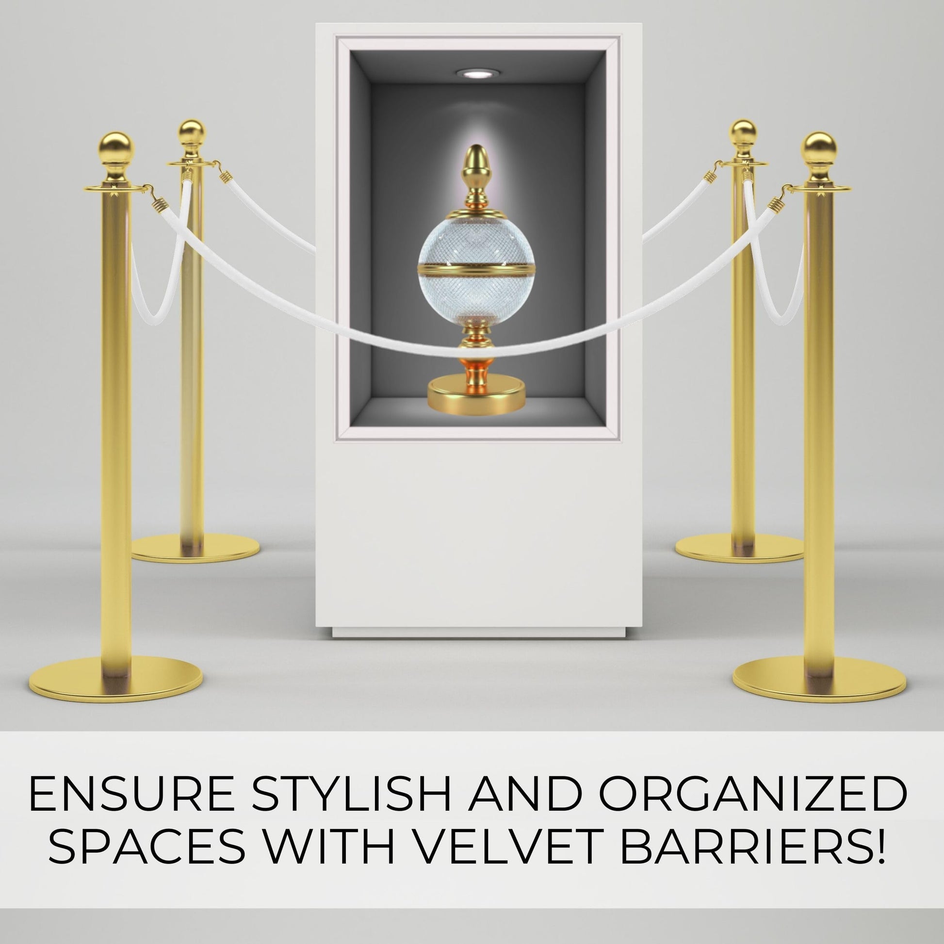 Gold stanchions with white velvet ropes guarding a museum display case