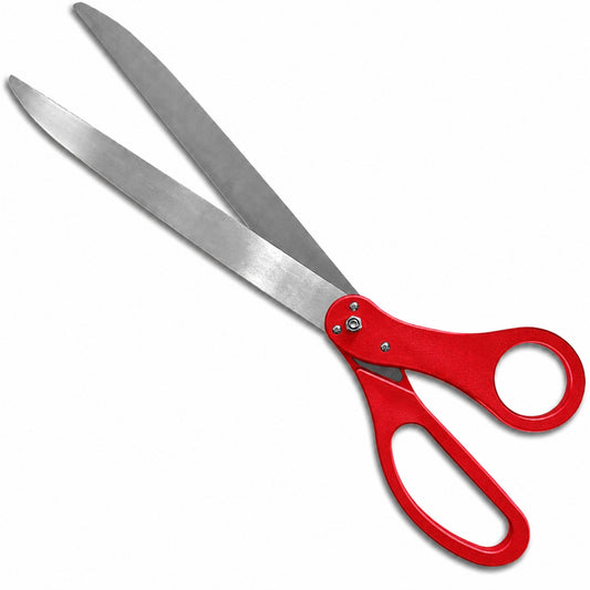30-inch red ceremonial scissors with stainless steel blades shown open on a white background