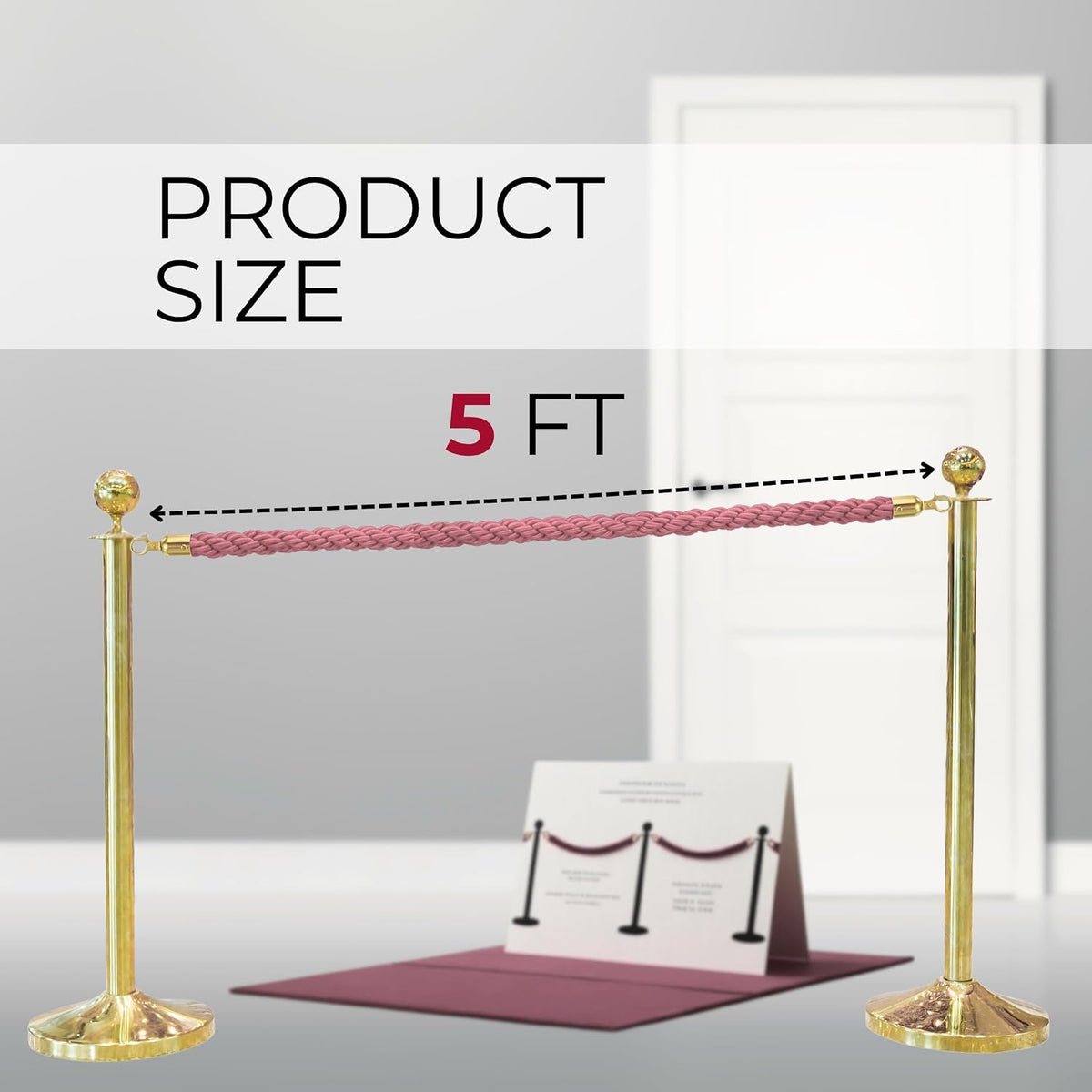 Braided pink stanchion rope with polished gold snap hook