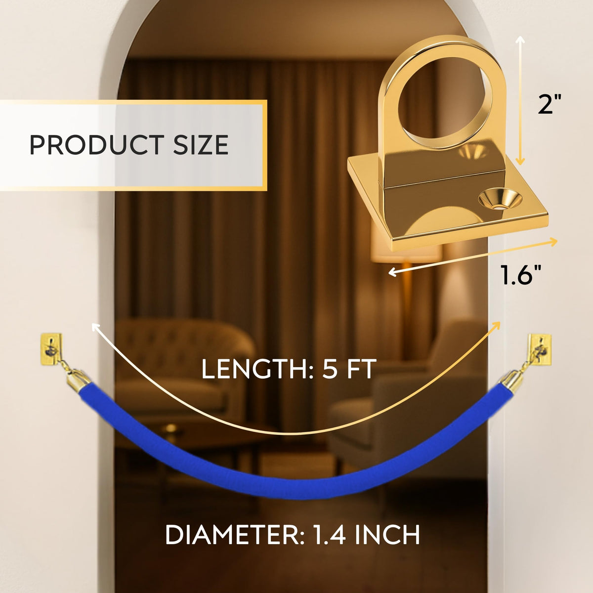 Wall-Mount Blue Velvet Rope — 5 ft with Gold Wall Plates